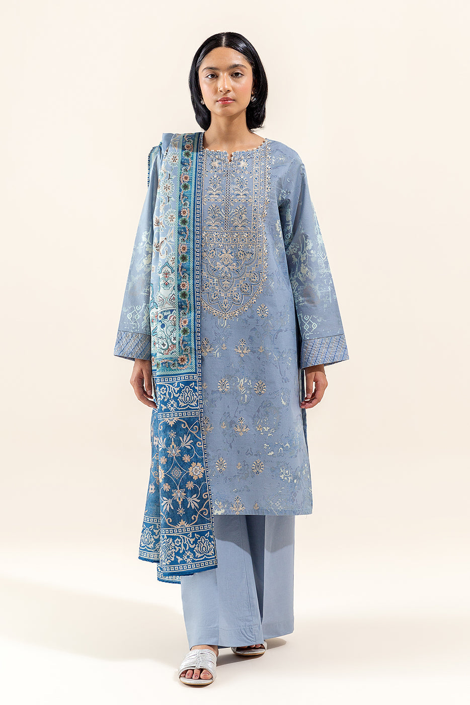 3 Piece Embroidered Lawn Suit-Pearl Grey (Unstitched)
