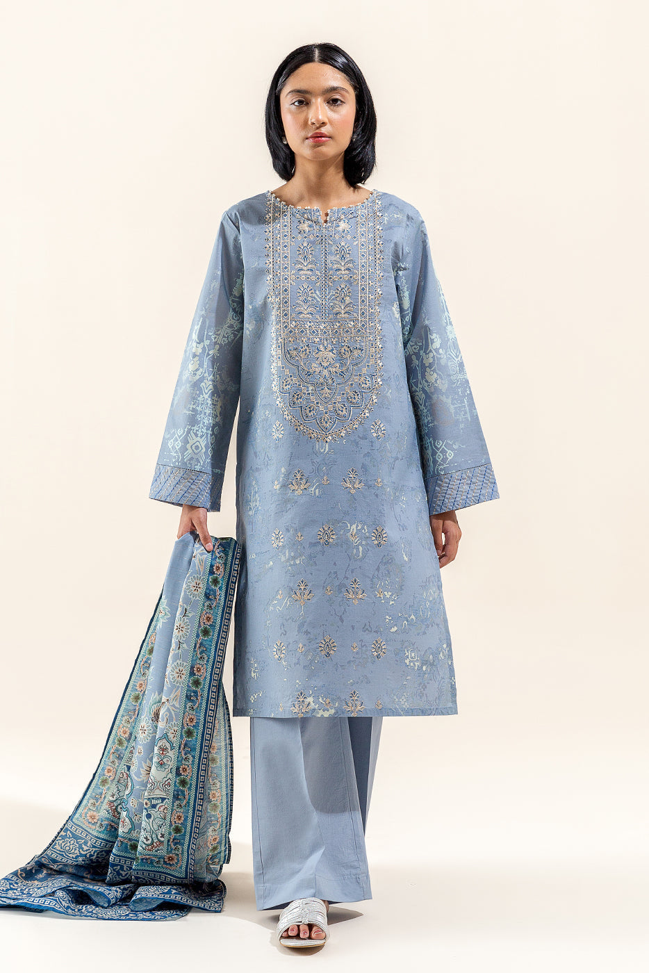 3 Piece Embroidered Lawn Suit-Pearl Grey (Unstitched)