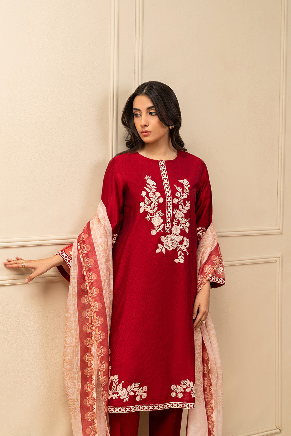3 PIECE EMBROIDERED TWO TONE SUIT (PRET)BT1250003PR0208-RED-2000000281395-8