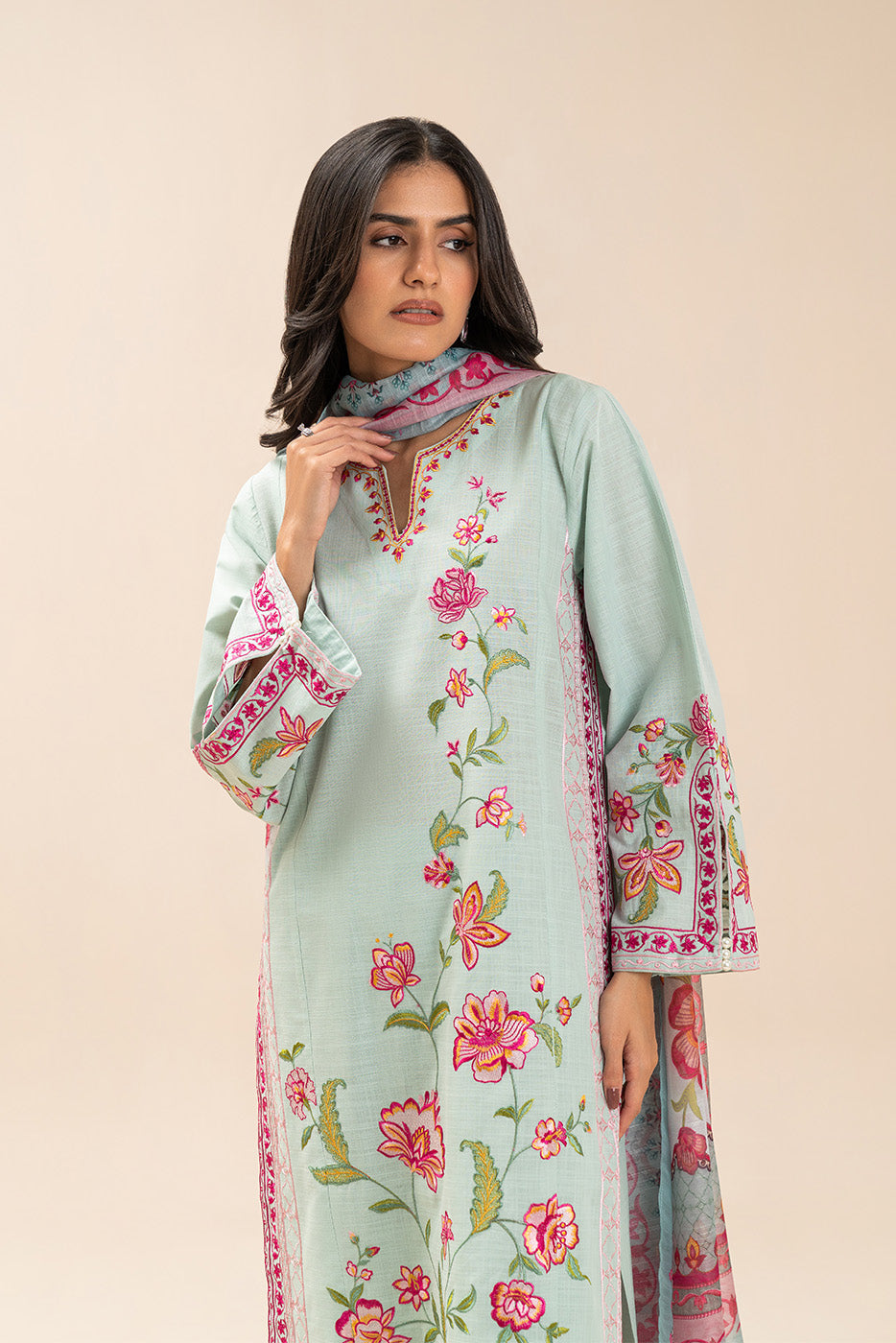3 PIECE EMBROIDERED TWO WAY SLUB SUIT (PRET)