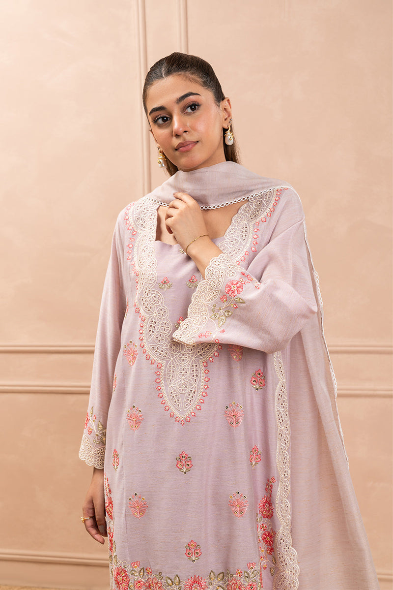 3 Piece Embroidered Gold Zari Suit (High Casual)