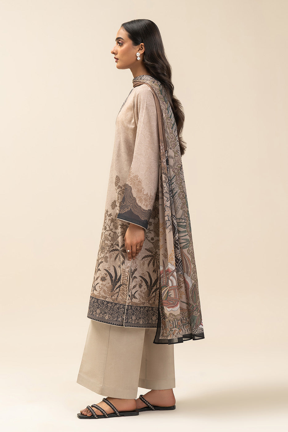 3 PIECE PRINTED LAWN SUIT-COFFEE FOREST (UNSTITCHED)