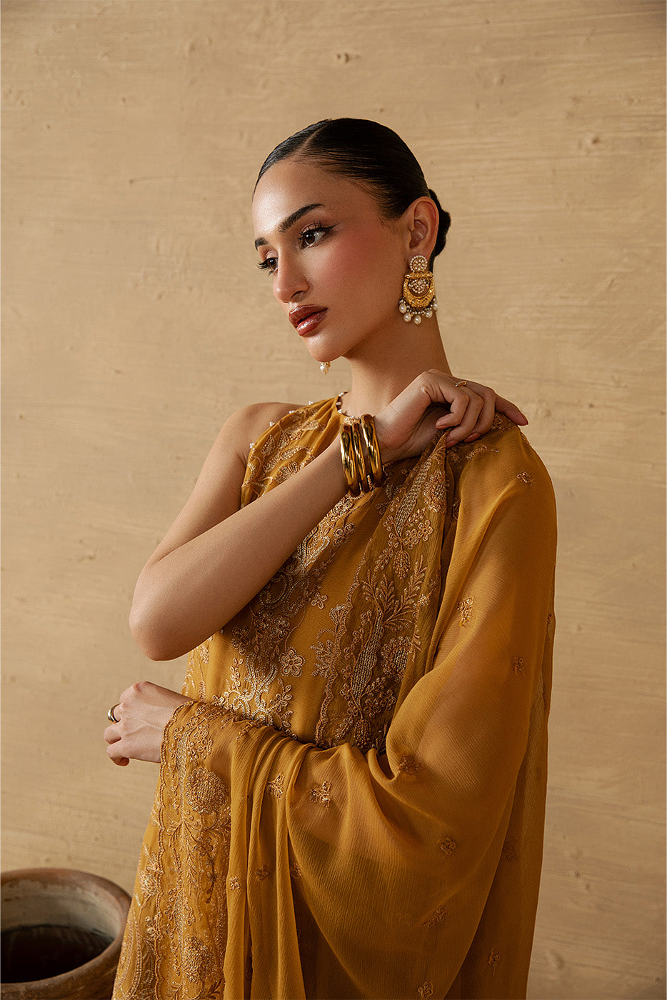 4 PIECE EMBROIDERED CHIFFON SUIT-GOLD SECRET (LUXURY UNSTITCHED)