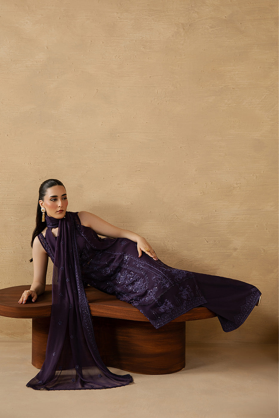 4 Piece Embroidered Chiffon Suit-Femme Noir (Luxury Unstitched)