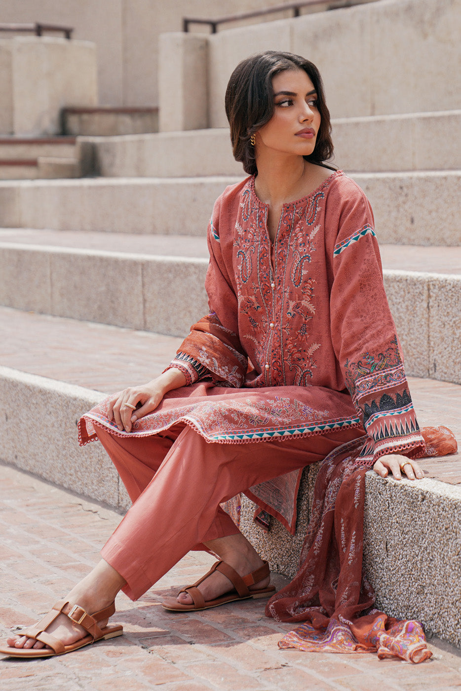 3 Piece - Embroidered Khaddar Suit - Antique Quartz
