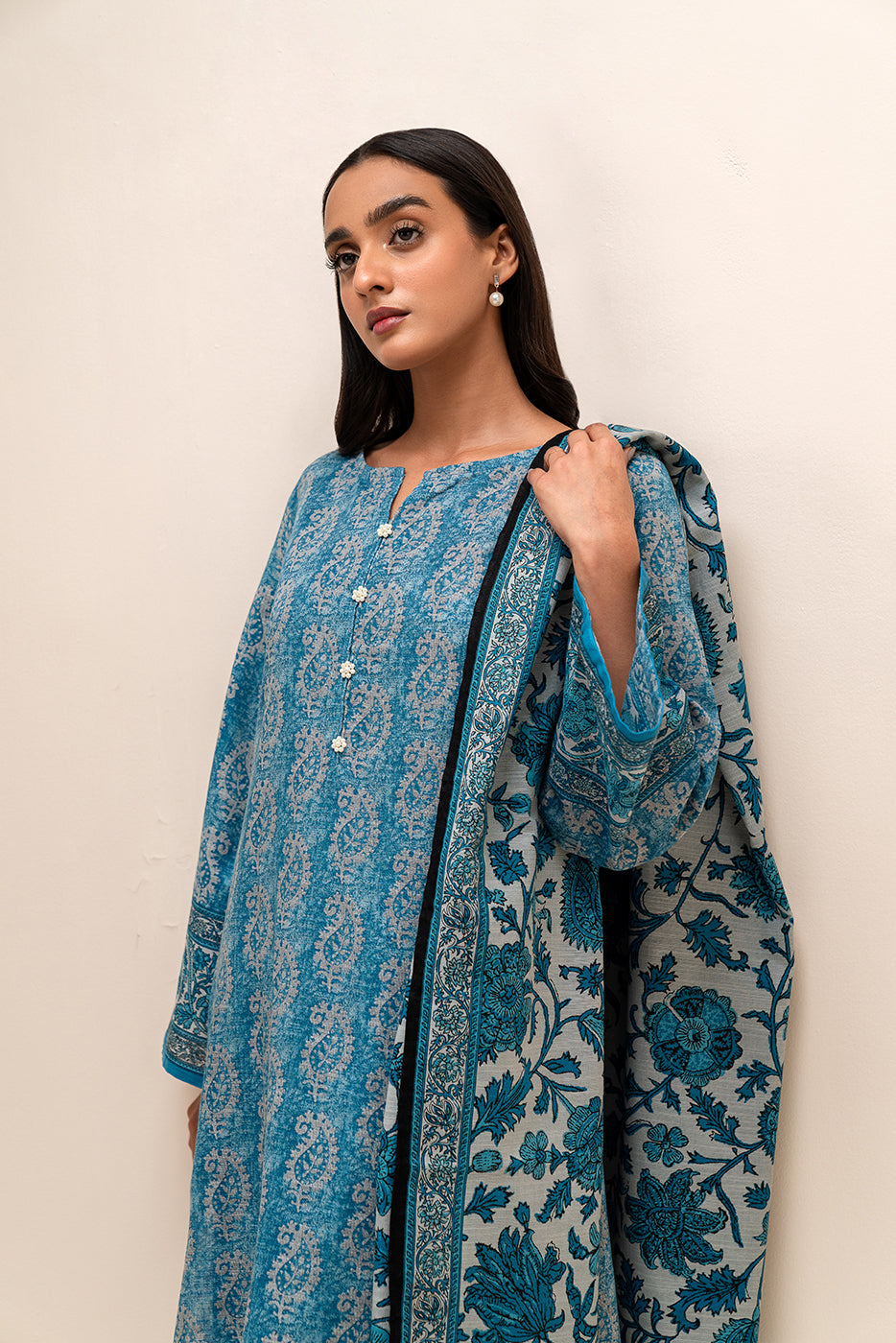 3 Piece Printed Khaddar Suit-Paisley Dust (Unstitched)