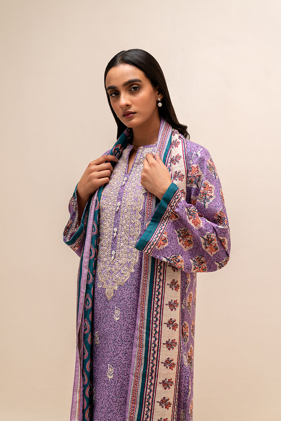 3 Piece Embroidered Khaddar Suit-Periwinkle Bloom (Unstitched)