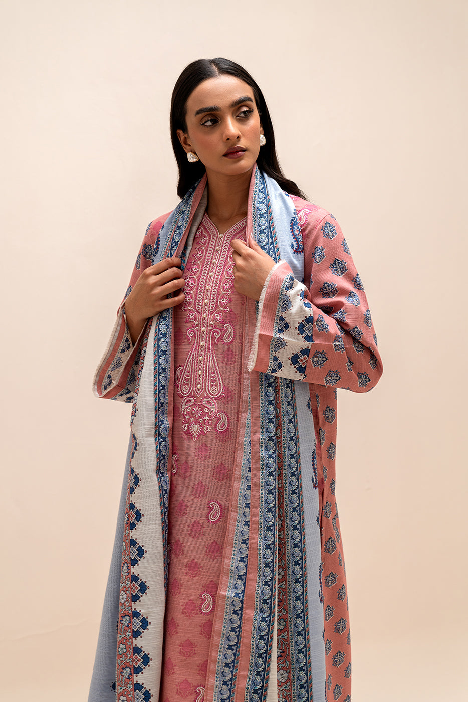 3 Piece Embroidered Khaddar Suit-Garnet Blush (Unstitched)