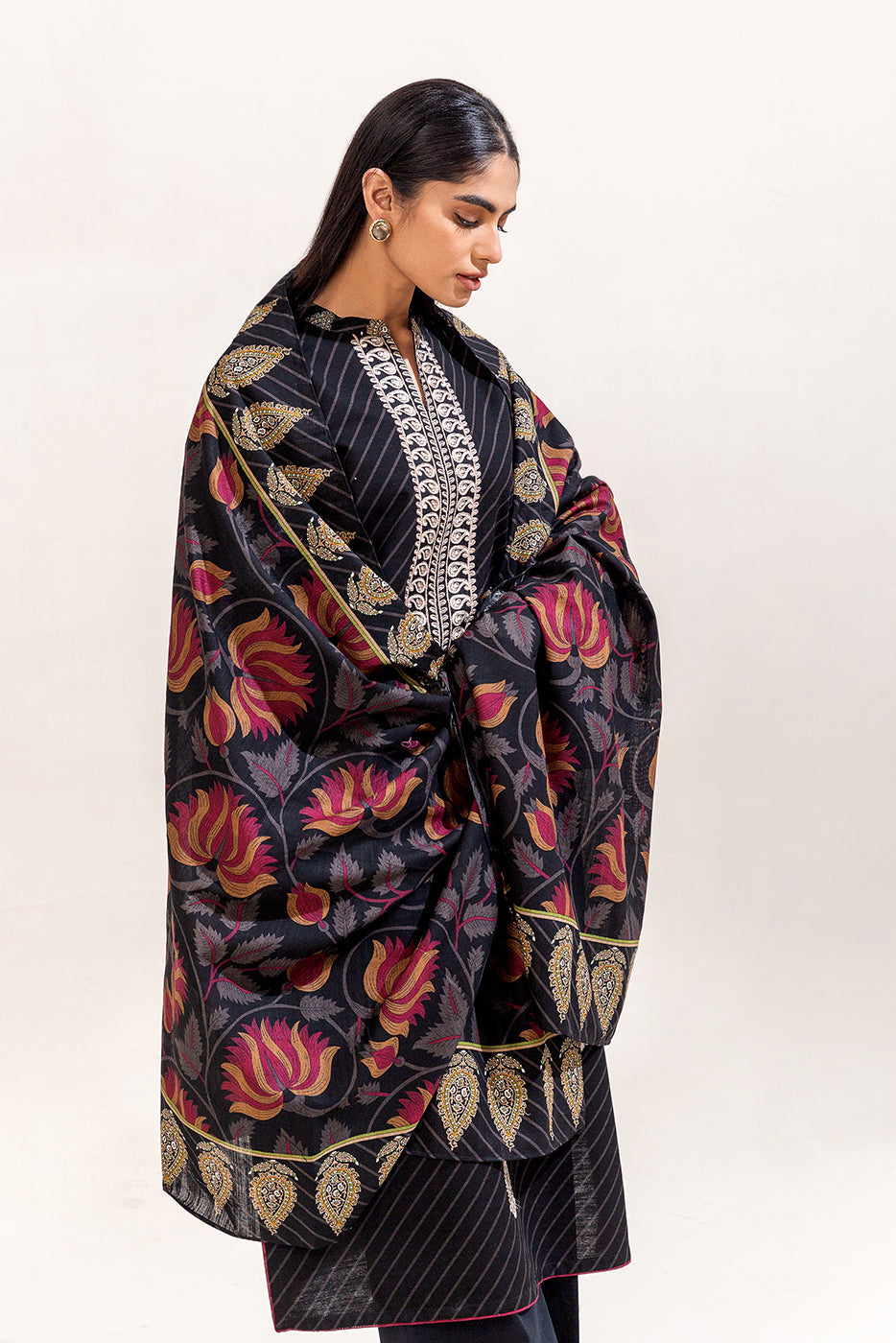 3 Piece Embroidered Khaddar Suit-Raven Noir (Unstitched)