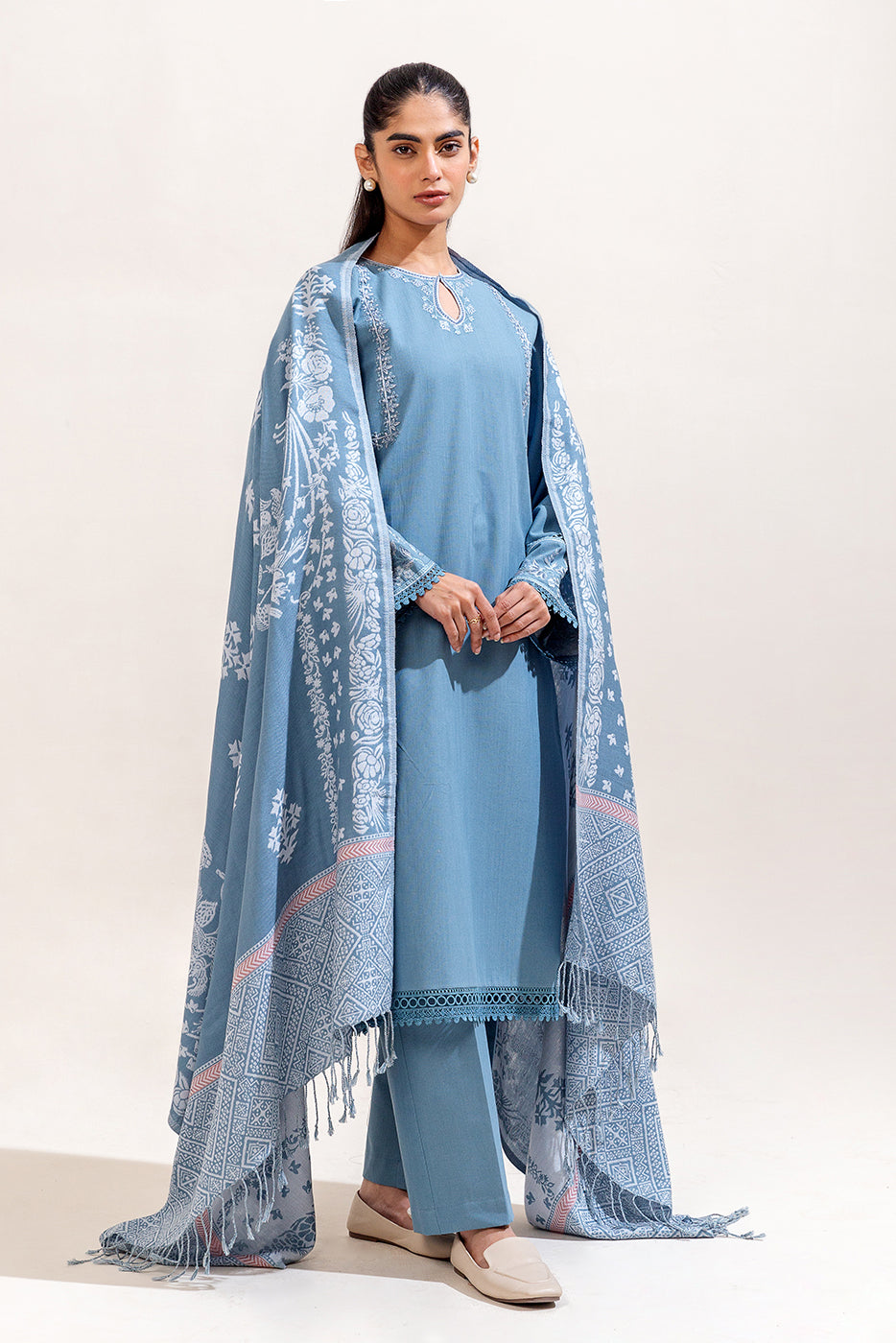 3 Piece Embroidered Khaddar Suit-Tender Blue (Unstitched)