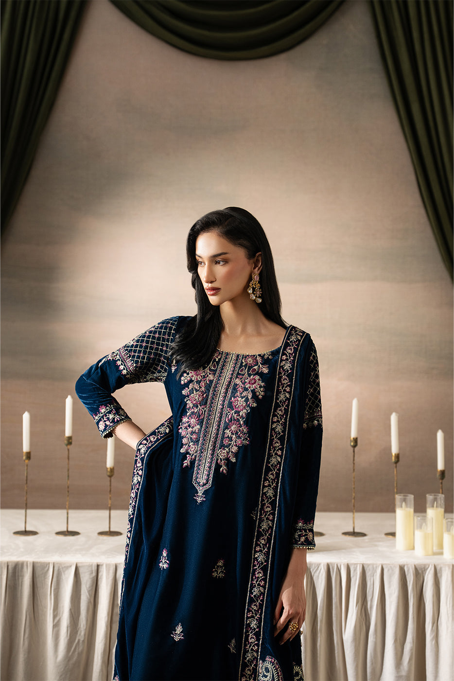 3 PIECE EMBROIDERED VELVET SUIT-IMPERIALIST SONG ( LUXURY UNSTITCHED )