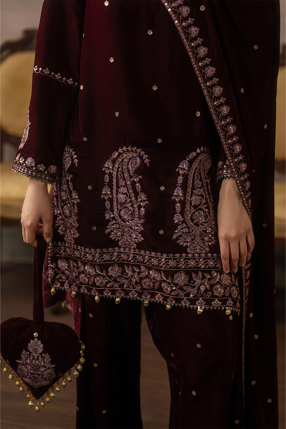 3 PIECE EMBROIDERED VELVET SUIT-FAUX FEMME ( LUXURY UNSTITCHED )
