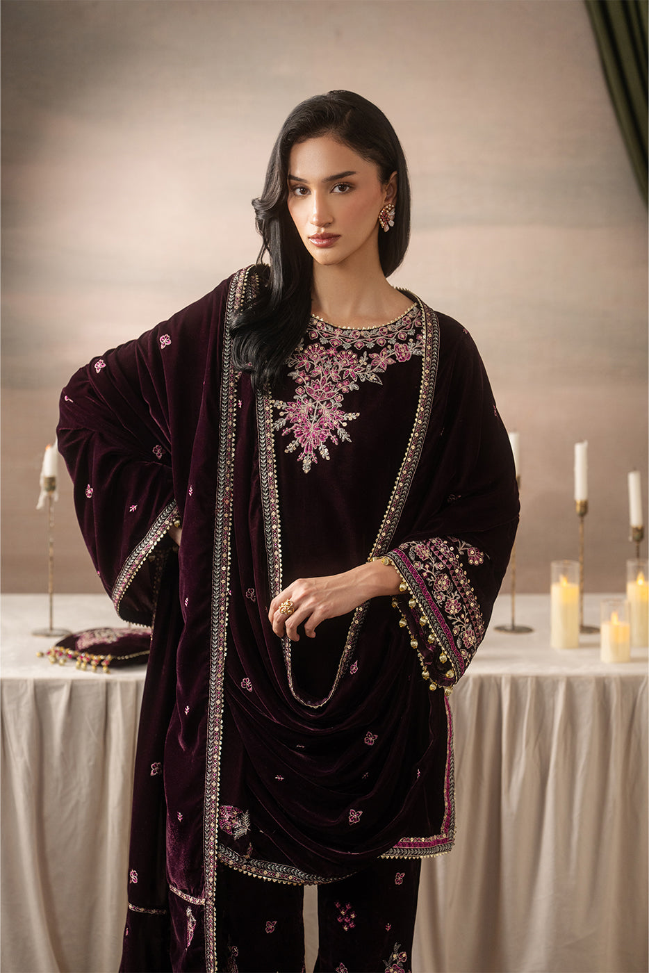 3 PIECE EMBROIDERED VELVET SUIT-DEEP INFERNO ( LUXURY UNSTITCHED )