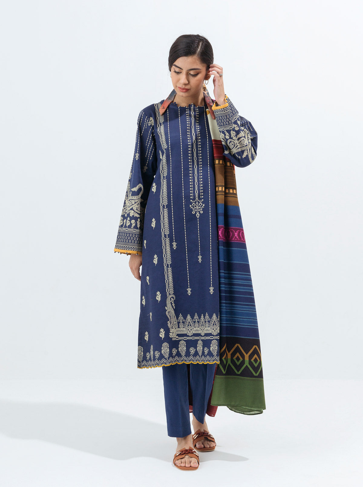 Mystic Blue-Printed With Shawl-3P (Unstitched)