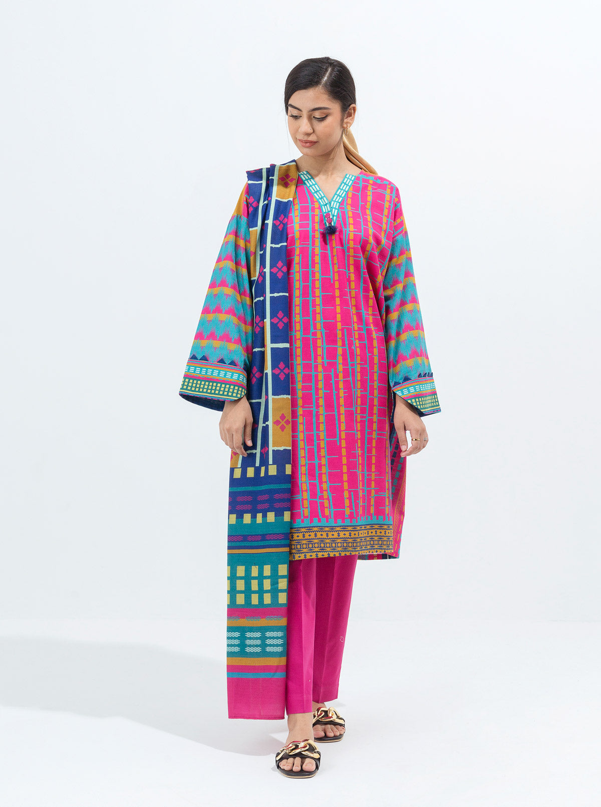 Primrose Bloom-Printed With Shawl-3P (Unstitched)