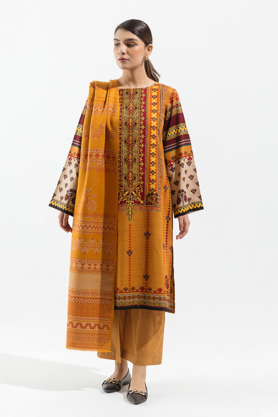 3 Piece - Printed With Shawl Khaddar Suit - Autumn Ochre