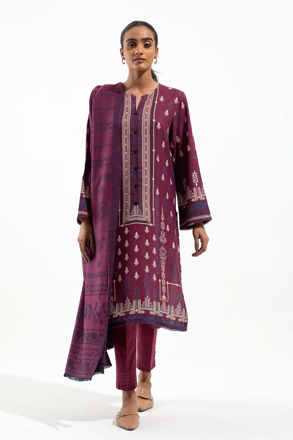 3 Piece - Printed With Shawl Karandi Suit - Plum Glaze (Unstitched)