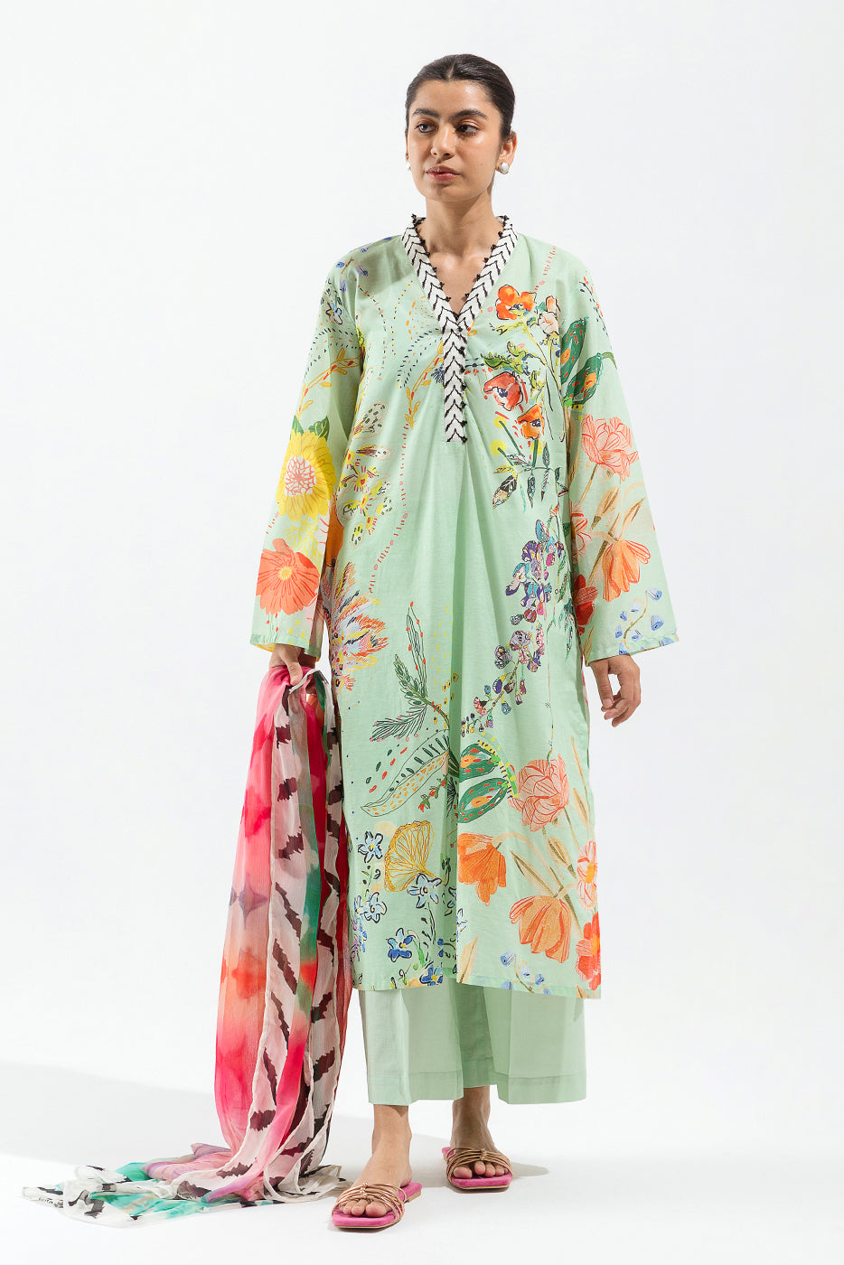 3 Piece - Printed Lawn Suit - Mint Voyage