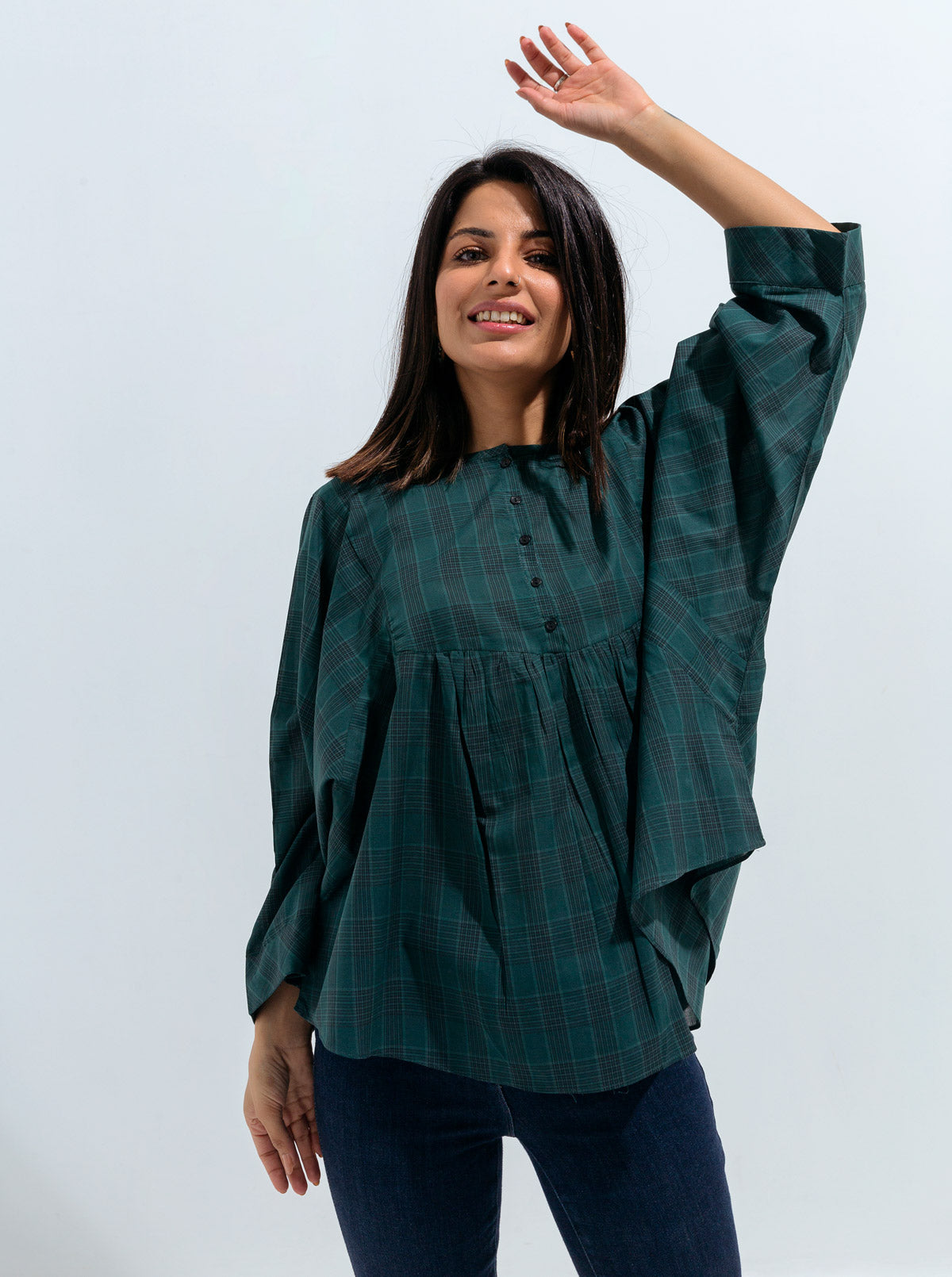 Green Check Gathered Top