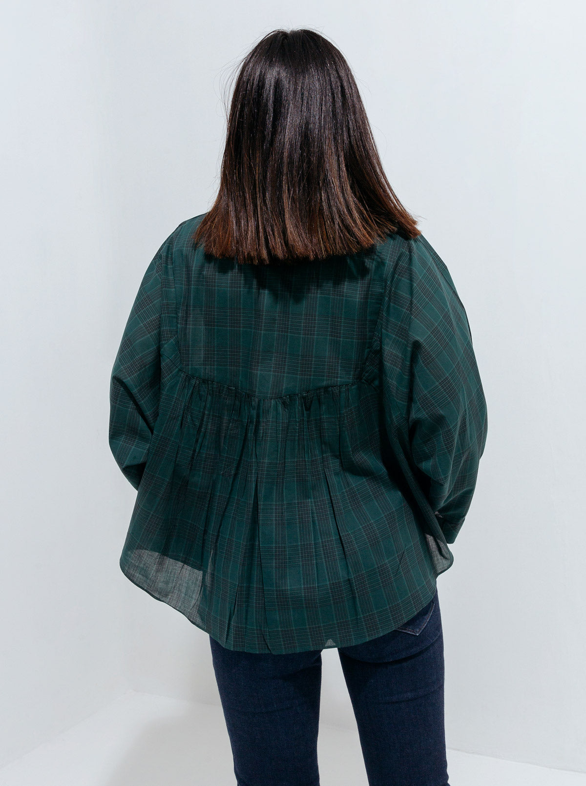 Green Check Gathered Top