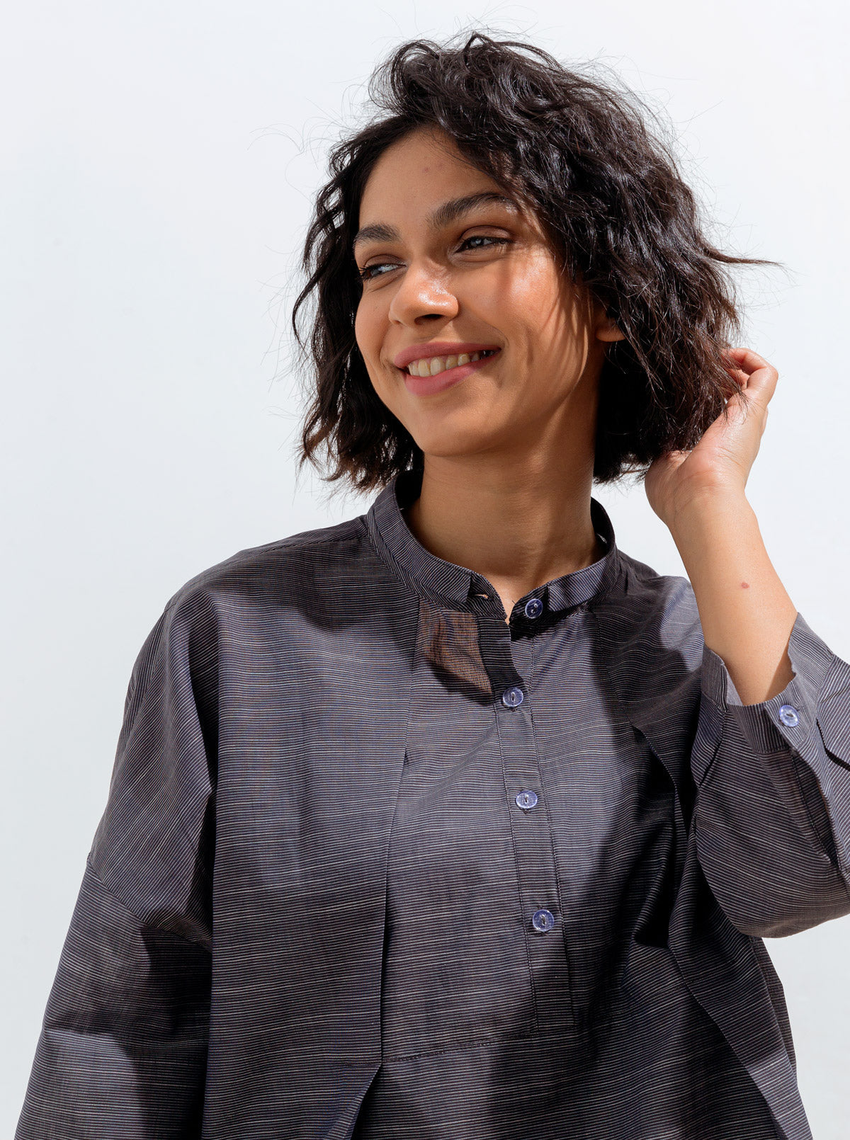 Navy Boxy Pleated Collar Top