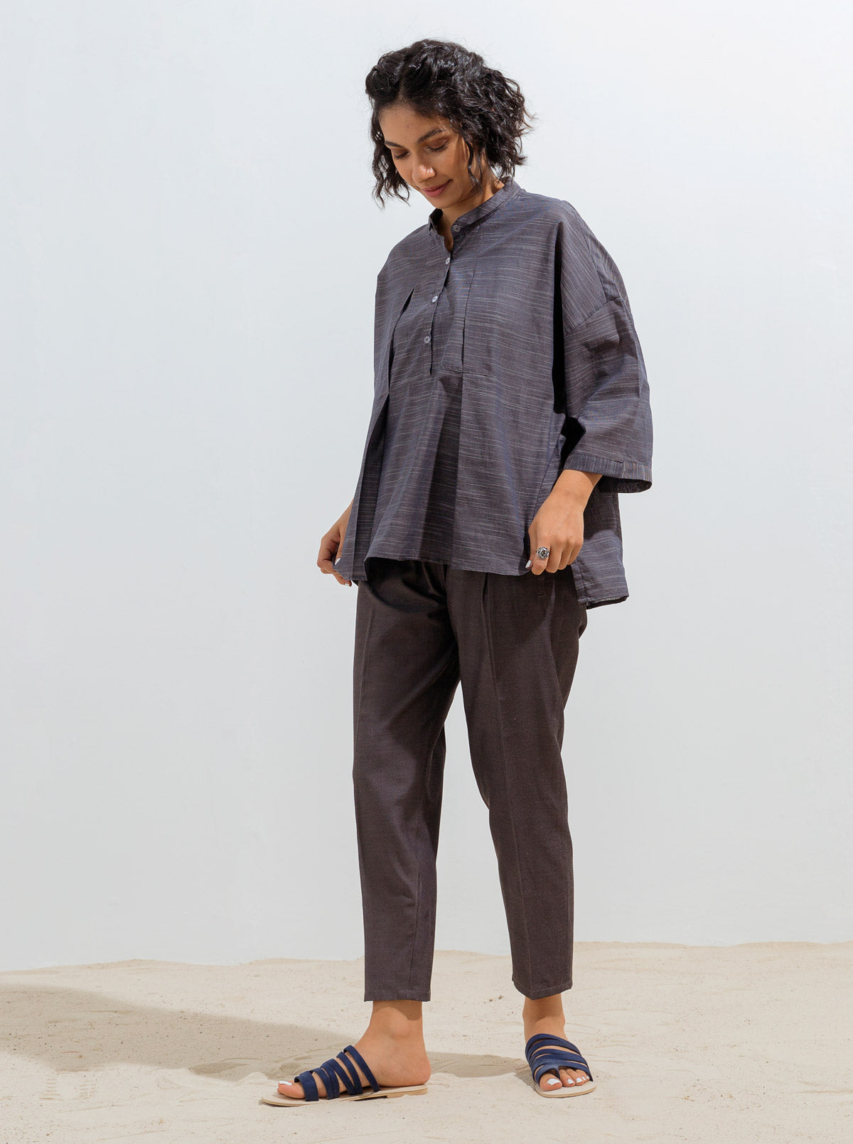 Navy Boxy Pleated Collar Top