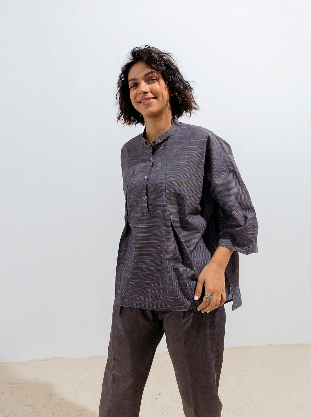 Navy Boxy Pleated Collar Top