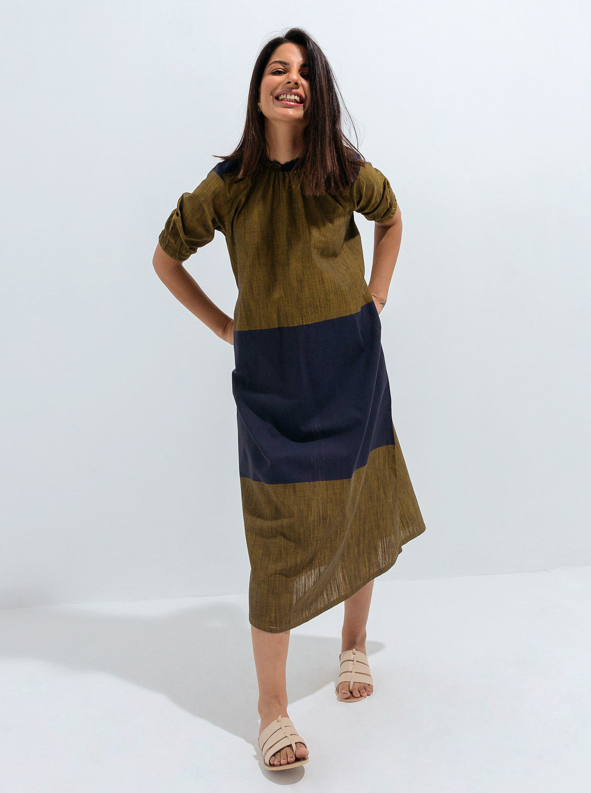 Smocked Neckline Striped Dress