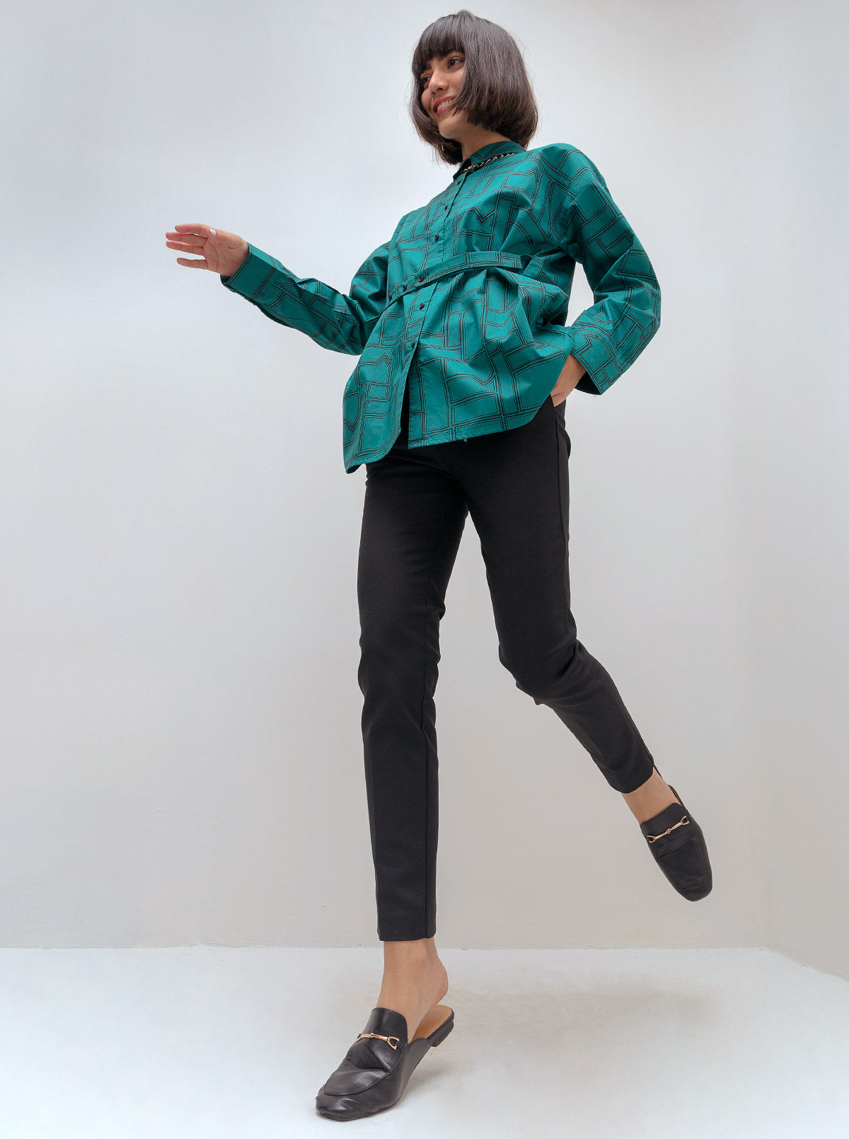 Teal Printed Front Belt Collar Shirt