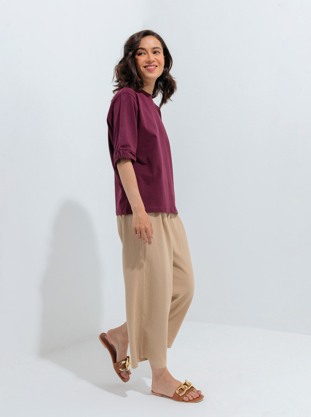 Maroon Gathered Sleeve T-Shirt