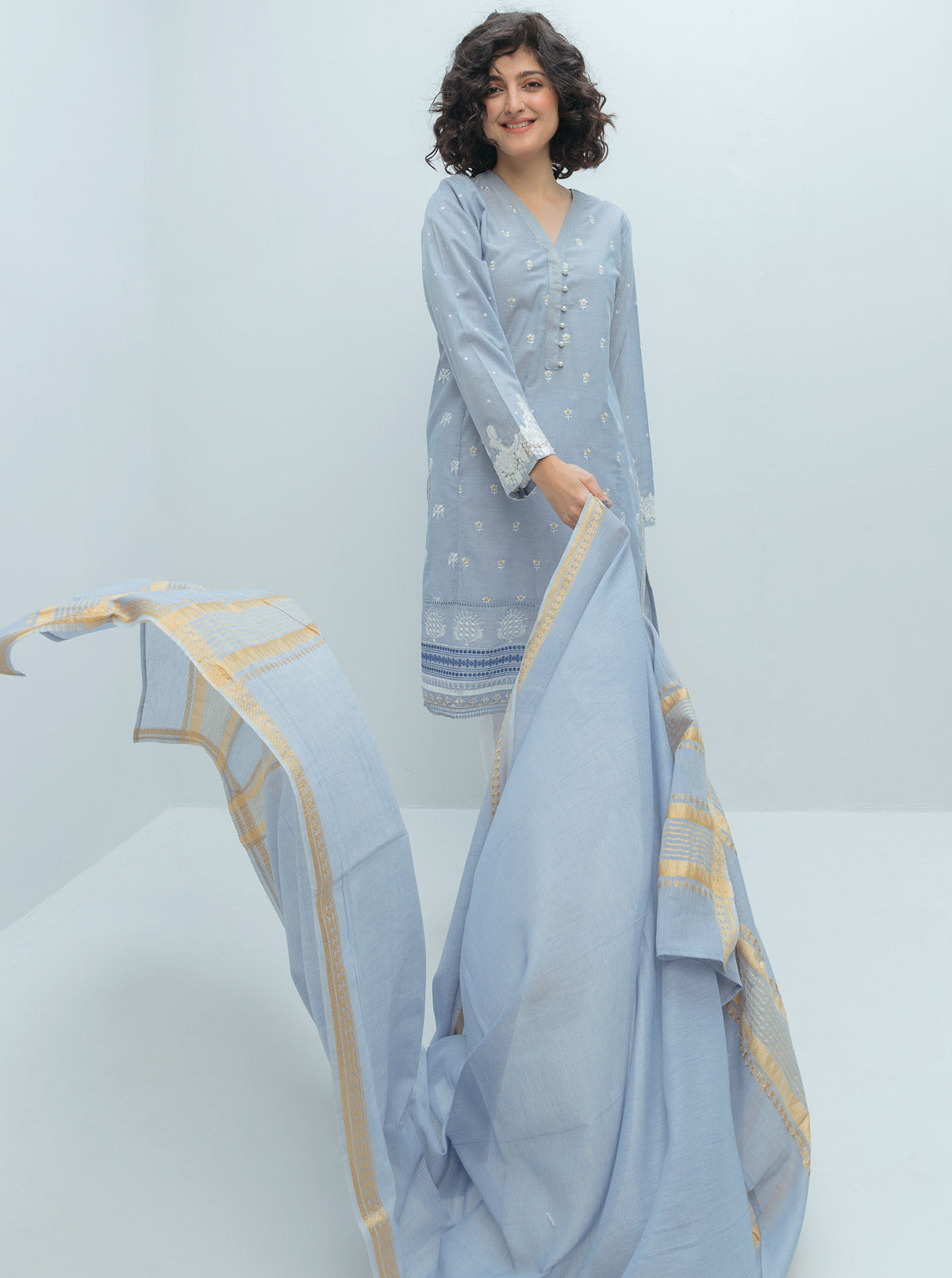2 Piece Embroidered Chambray Suit (Pret)