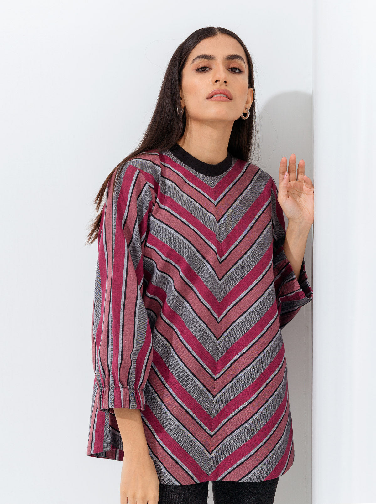 Grey Pink Striped Rib Top