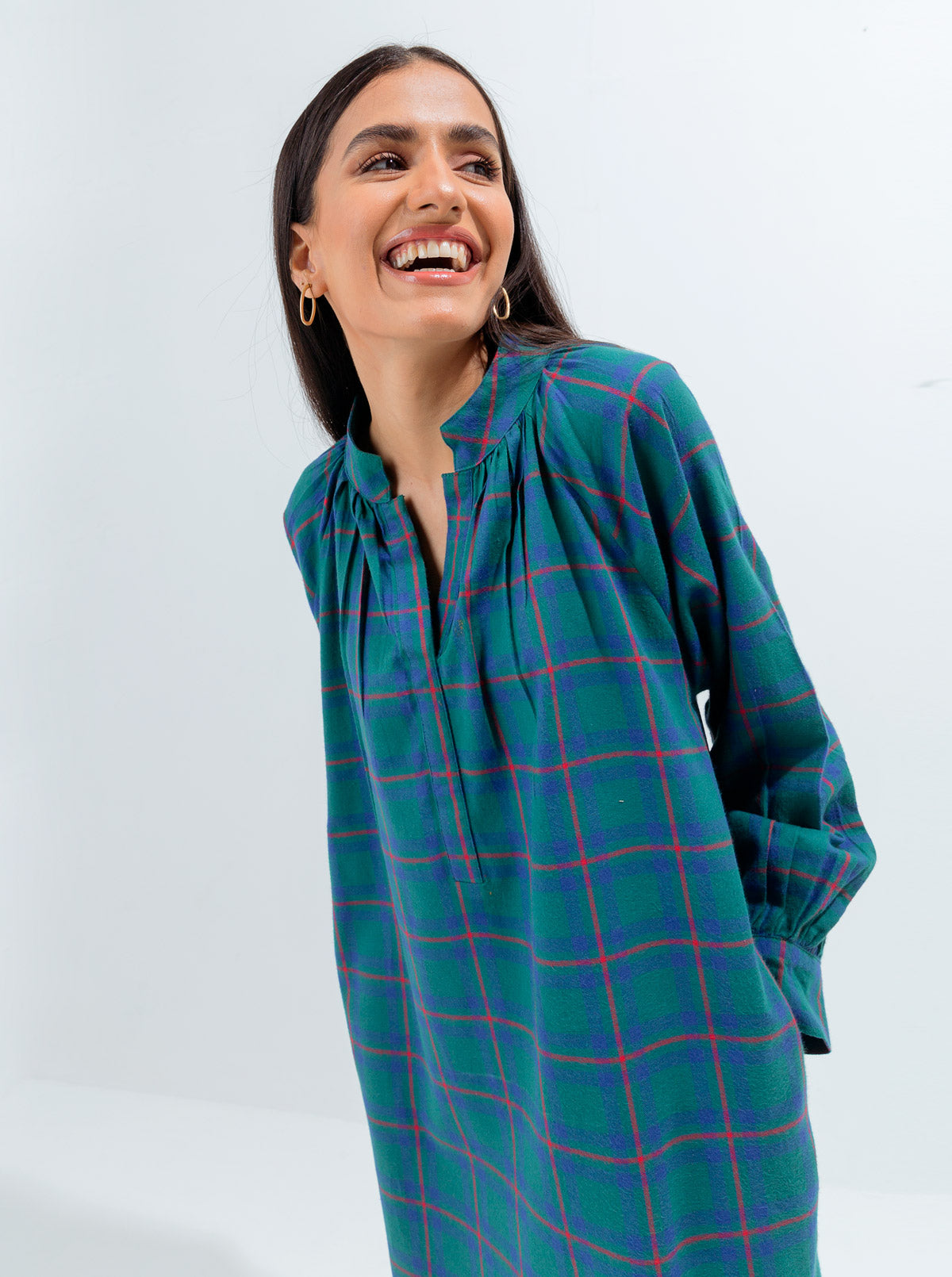 Green Check Flannel Long Dress