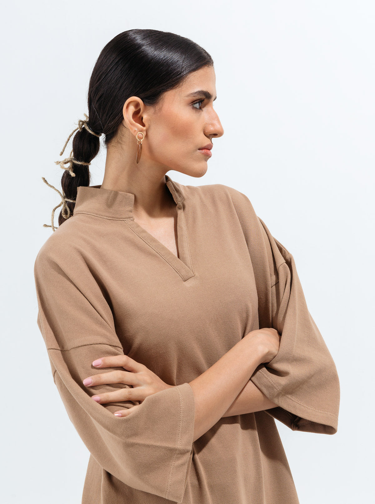 Tan Textured Knit Long Tunic