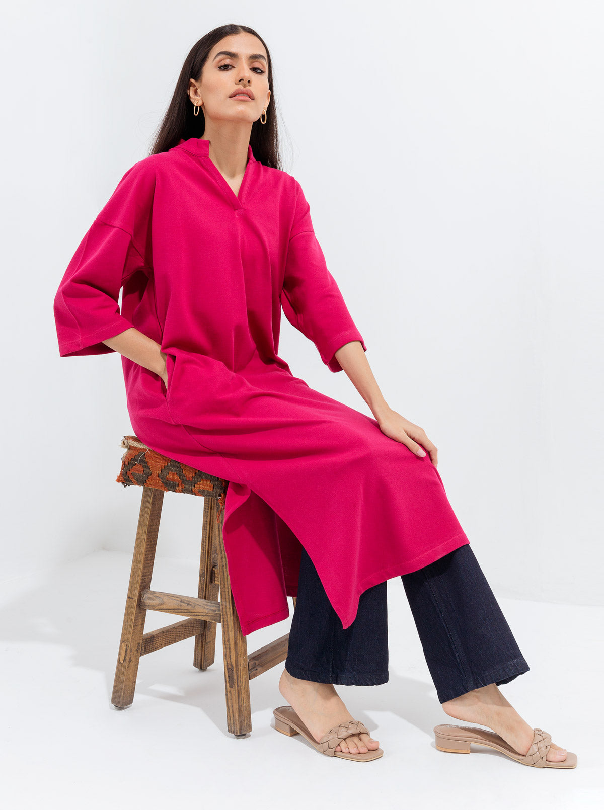 Pink Textured Knit Long Tunic