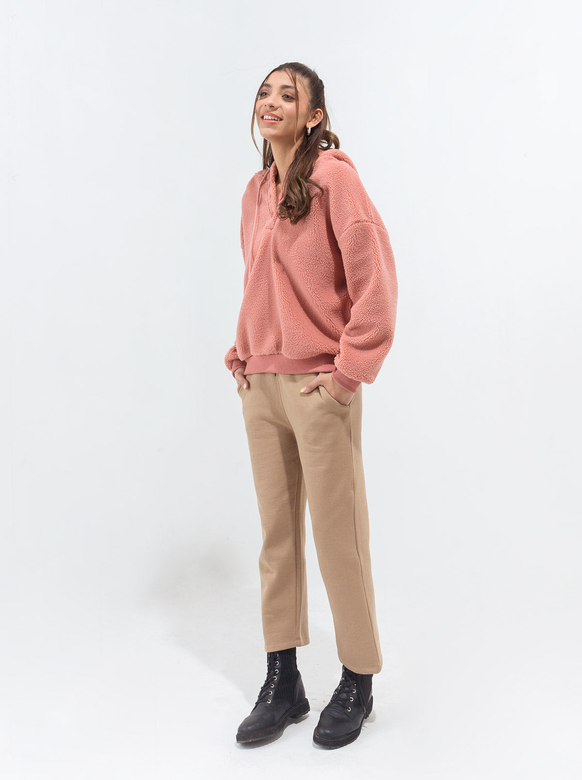 Coral Hooded Teddy Fleece Sweatshirt
