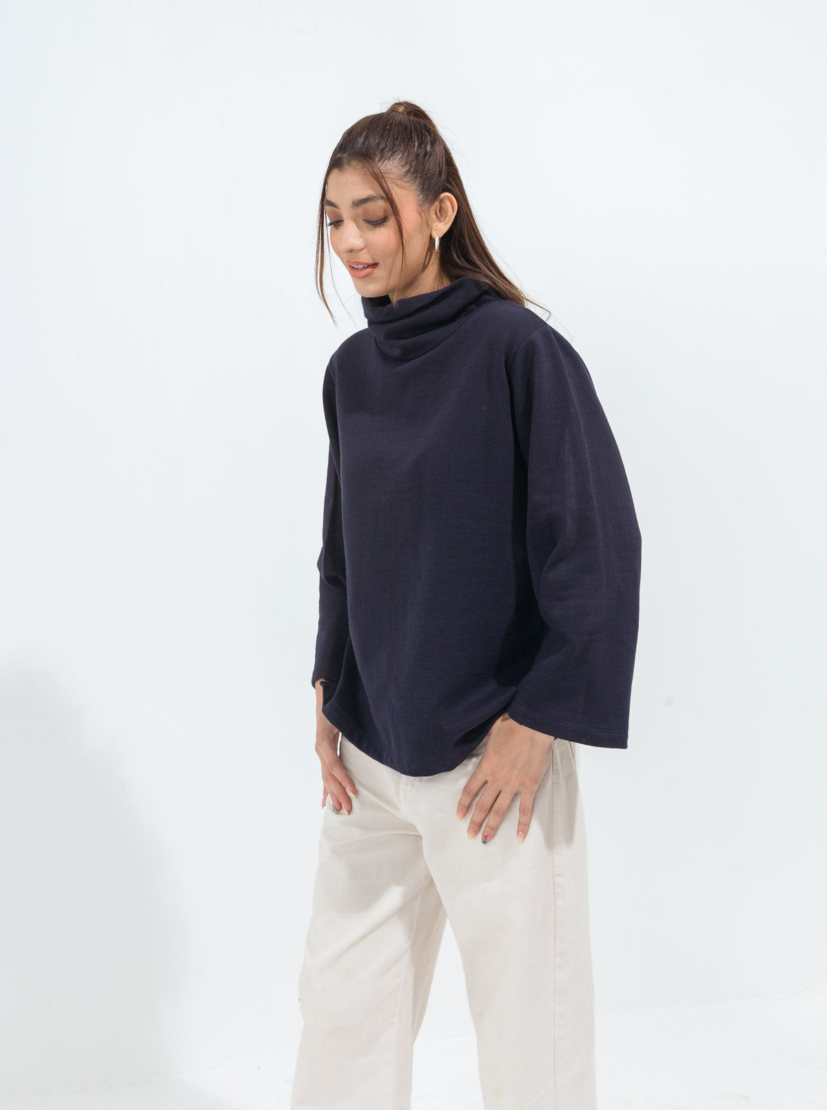 Navy Blue Pleated Sleeve Fleece Sweatshirt