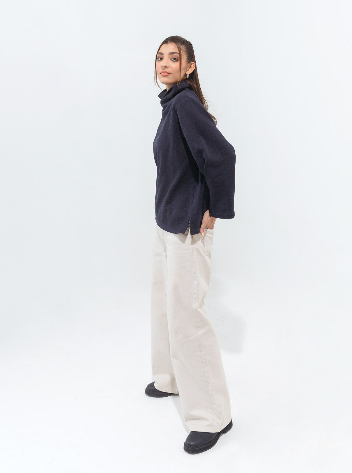 Navy Blue Pleated Sleeve Fleece Sweatshirt