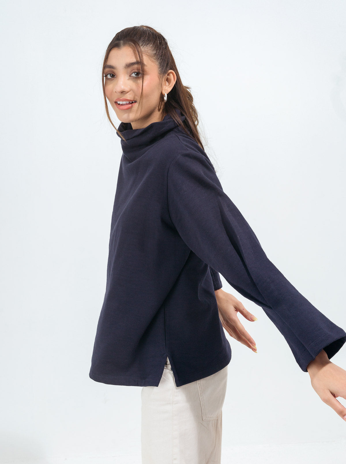 Navy Blue Pleated Sleeve Fleece Sweatshirt