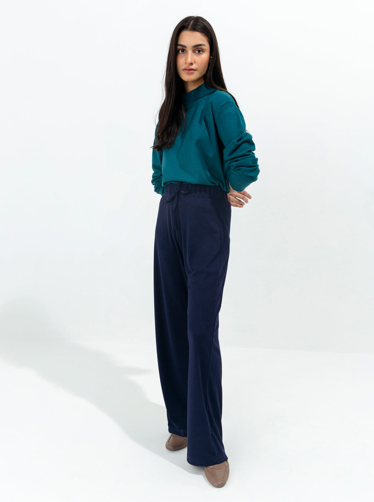 Navy Rib Wide Leg Pants