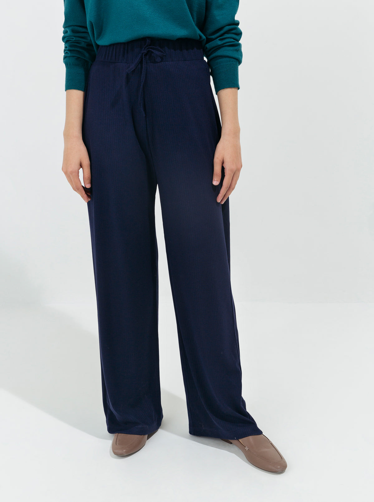 Navy Rib Wide Leg Pants
