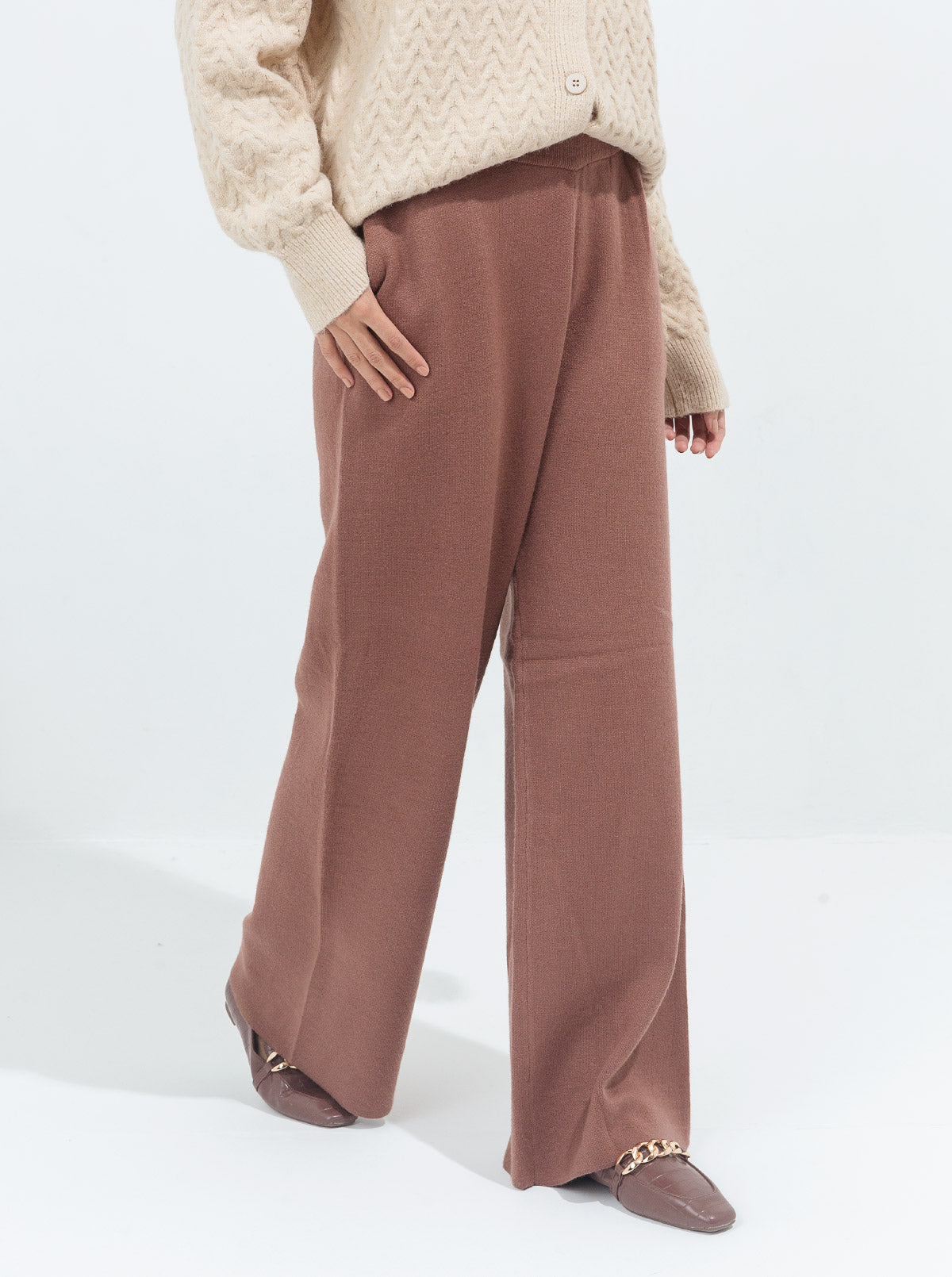 Brown Sweater Knit Wide Leg Pants