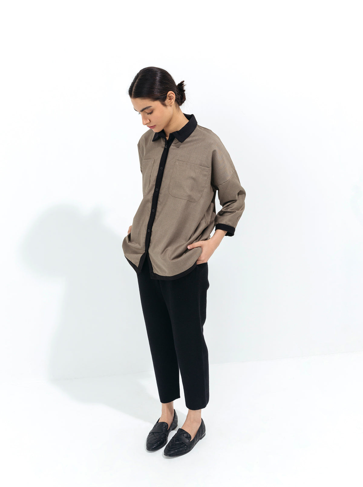 Black Rib Brown Collar Shirt