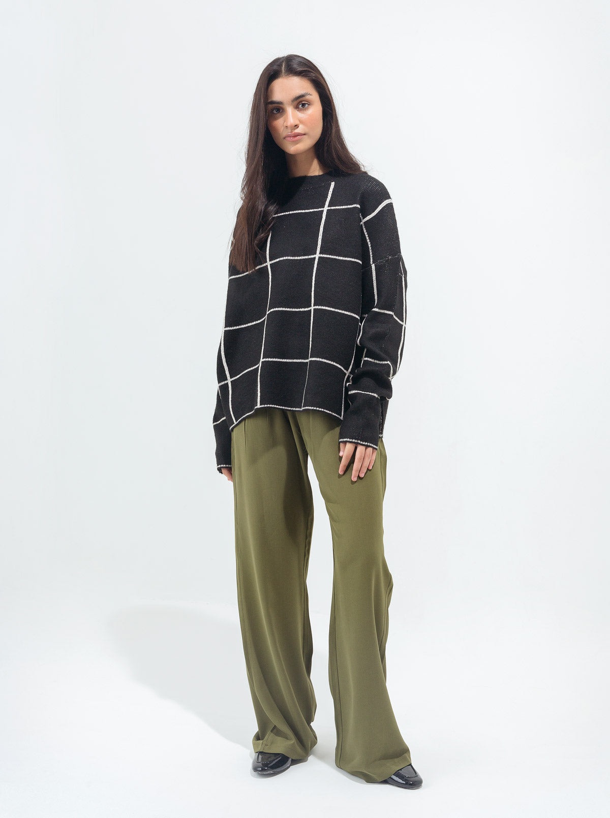 Black Contrast Grid Pullover