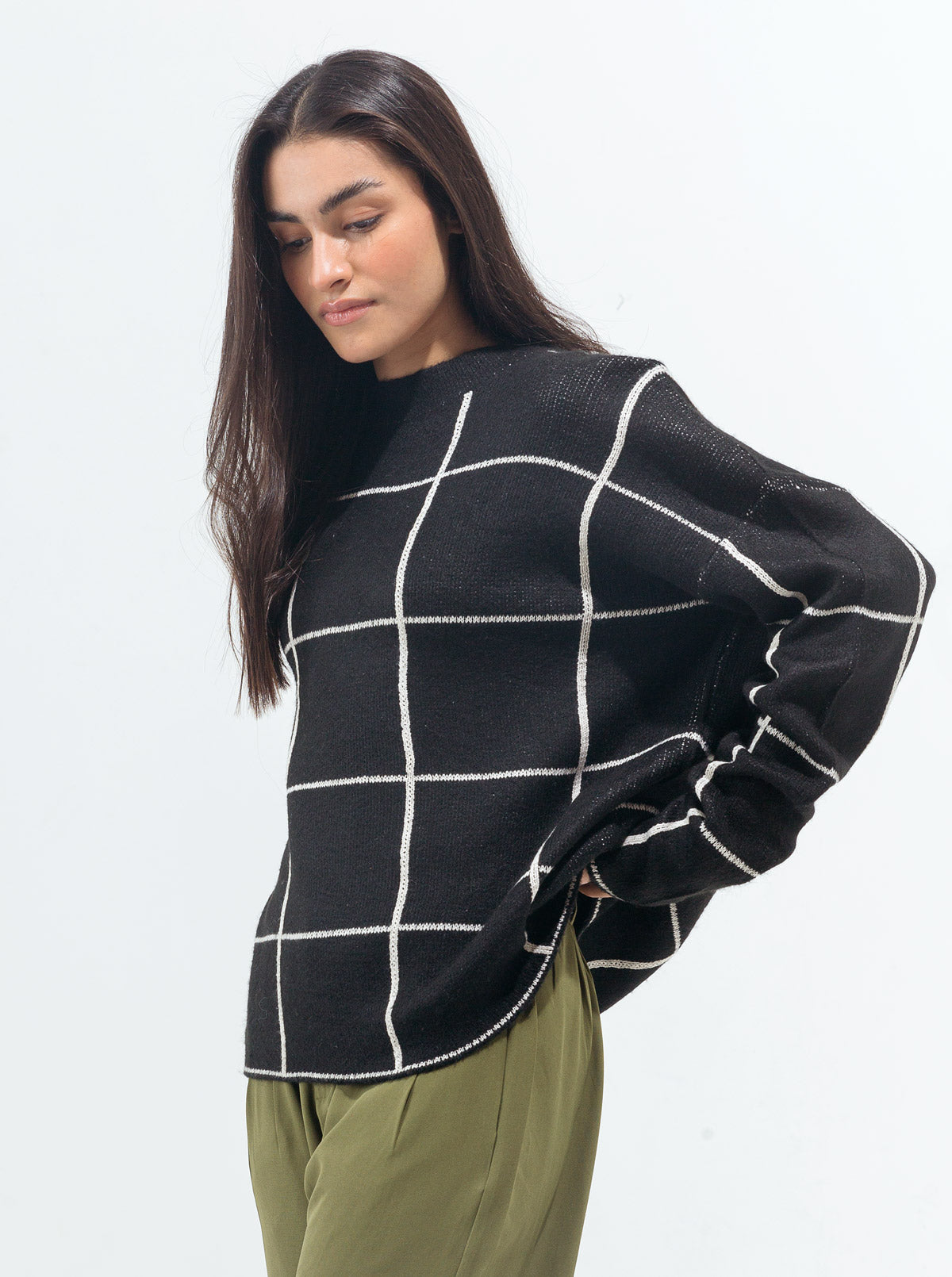Black Contrast Grid Pullover