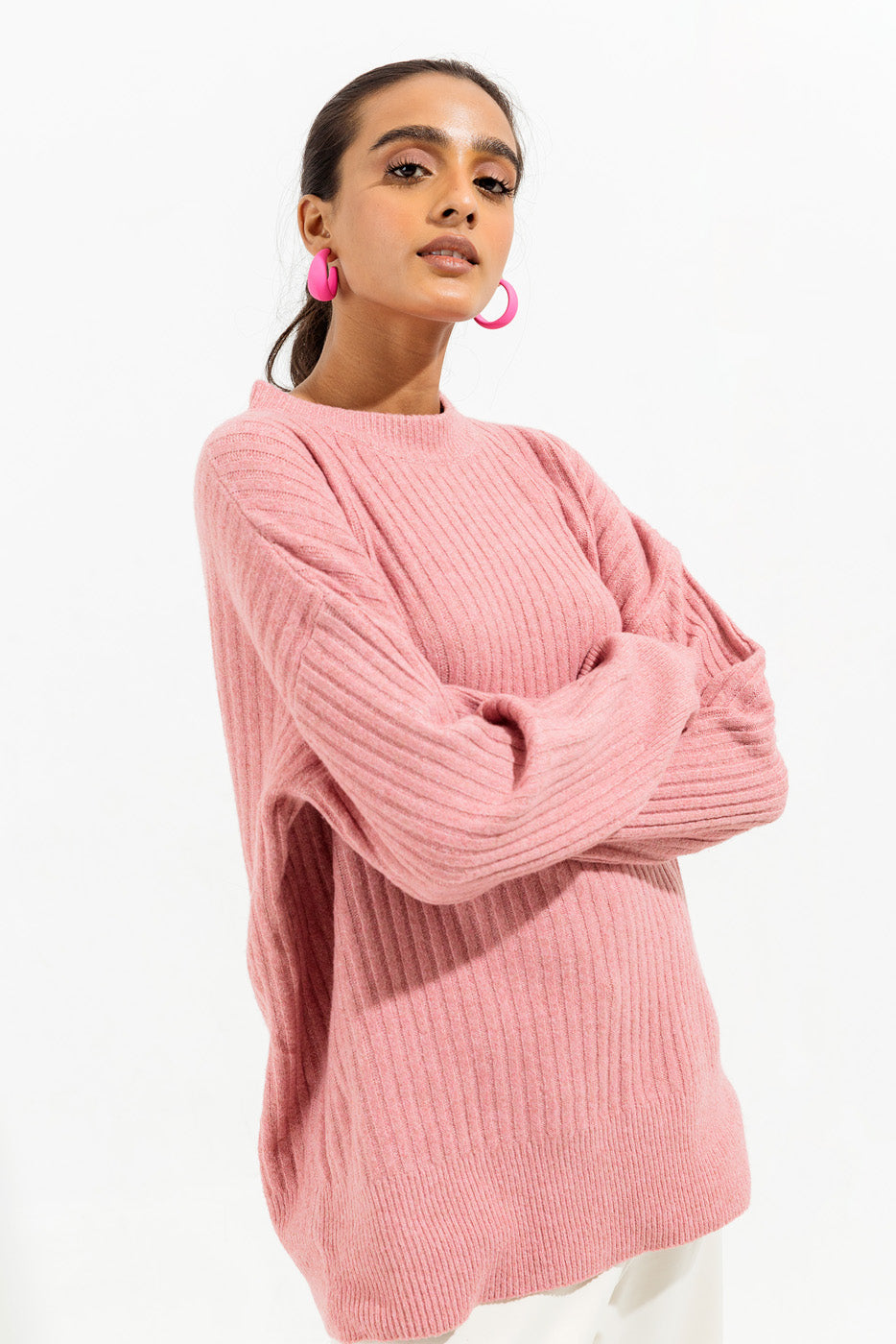Pink Rib Knit Pullover Sweater