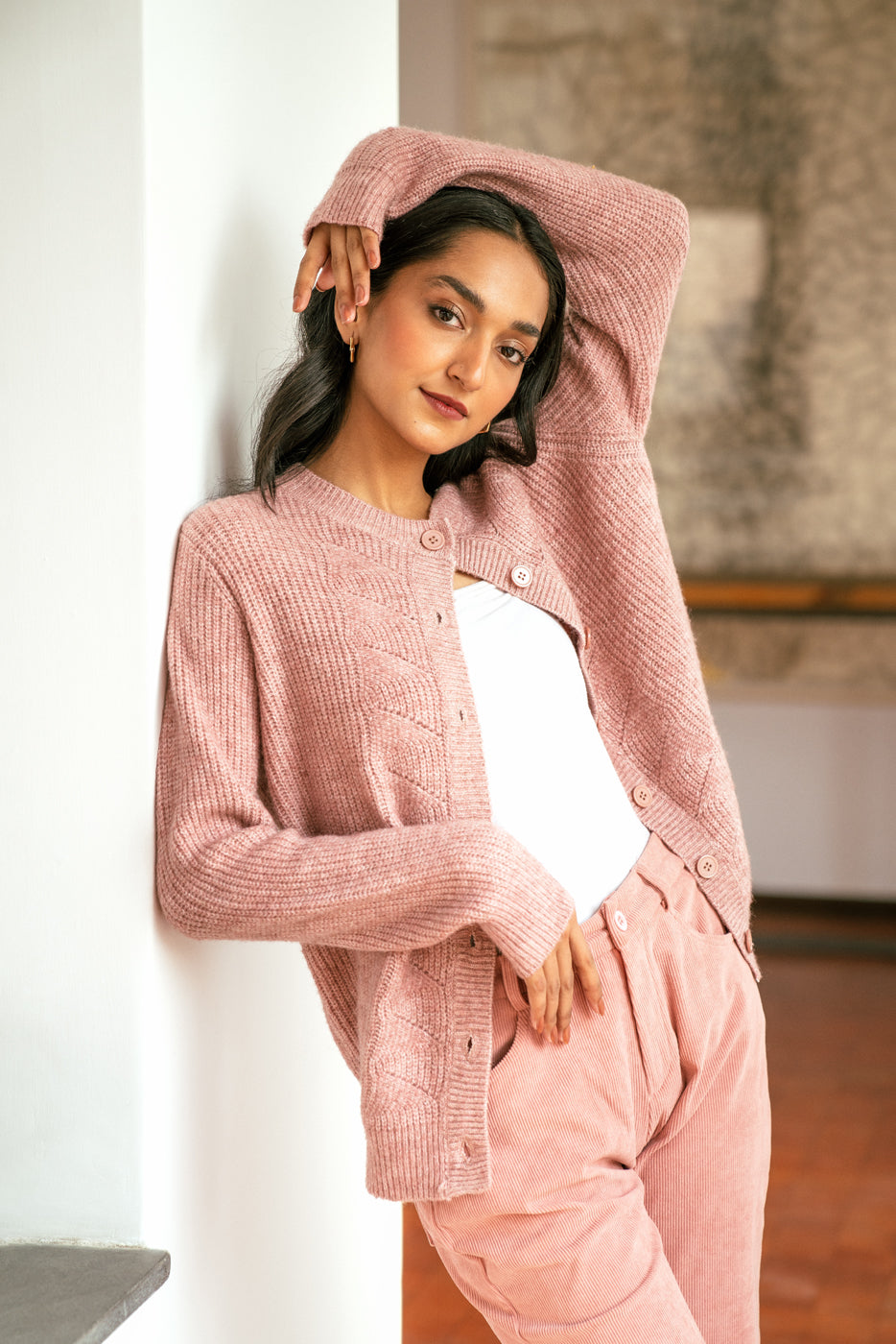 Teapink Rib Knit Cardigan