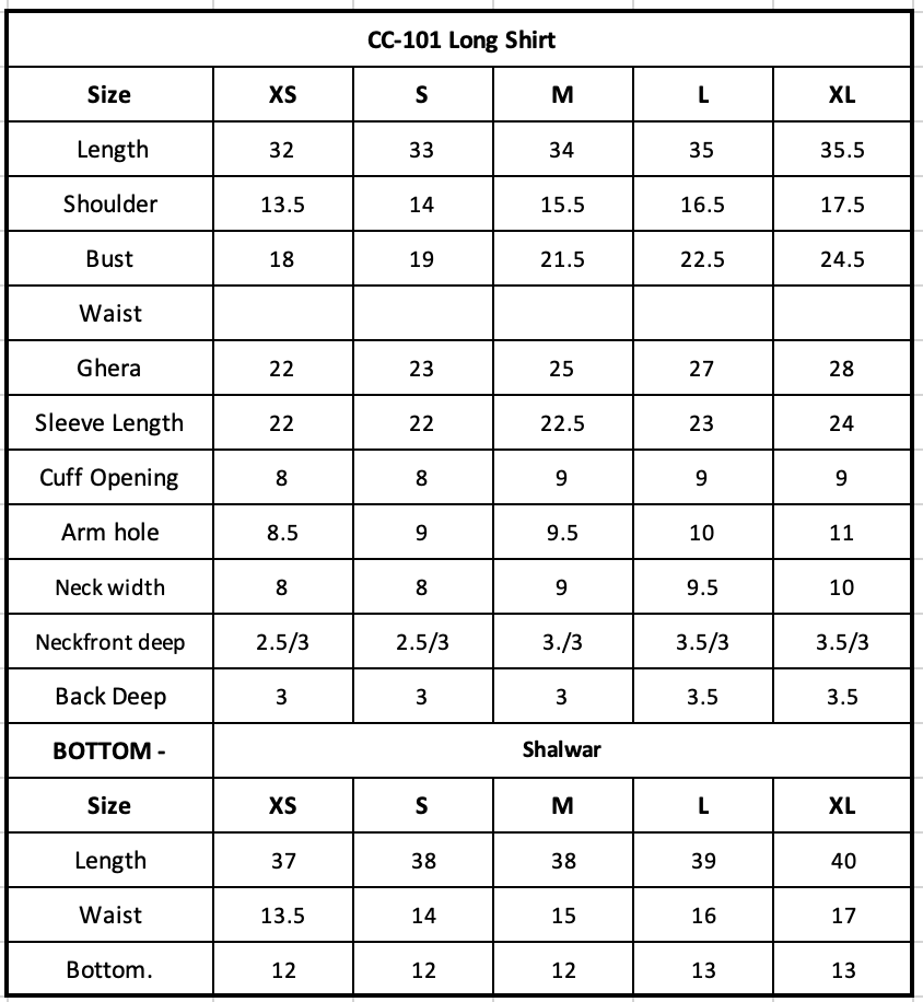Size Chart (inches)