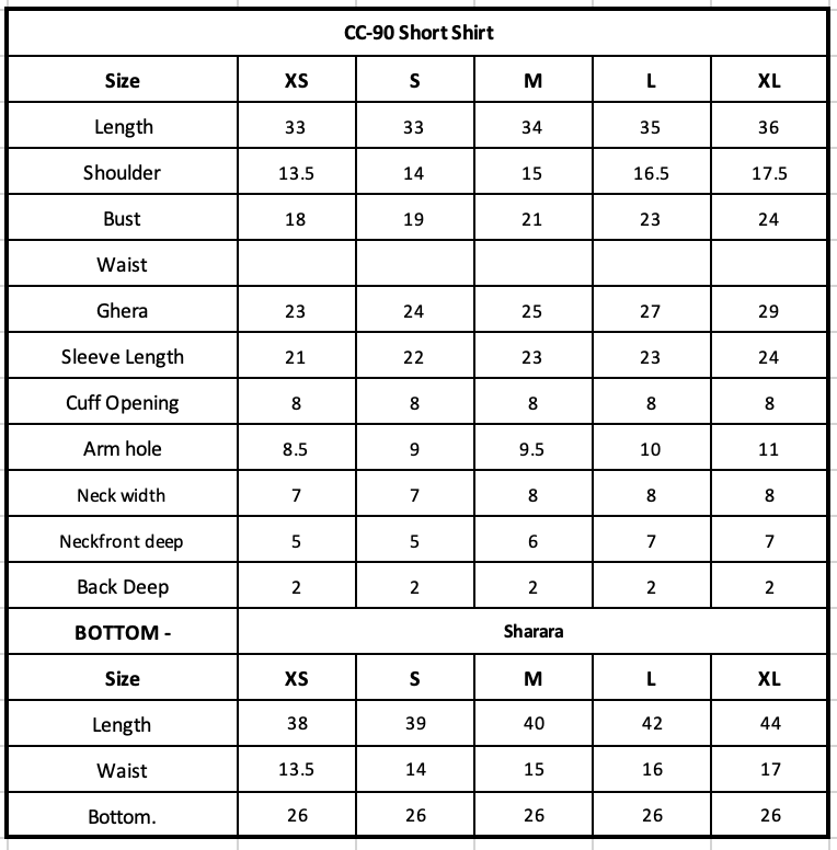 Size Chart (inches)