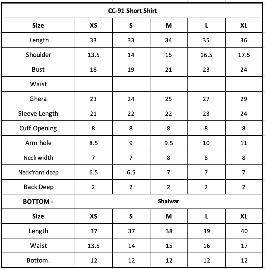 Size Chart (inches)